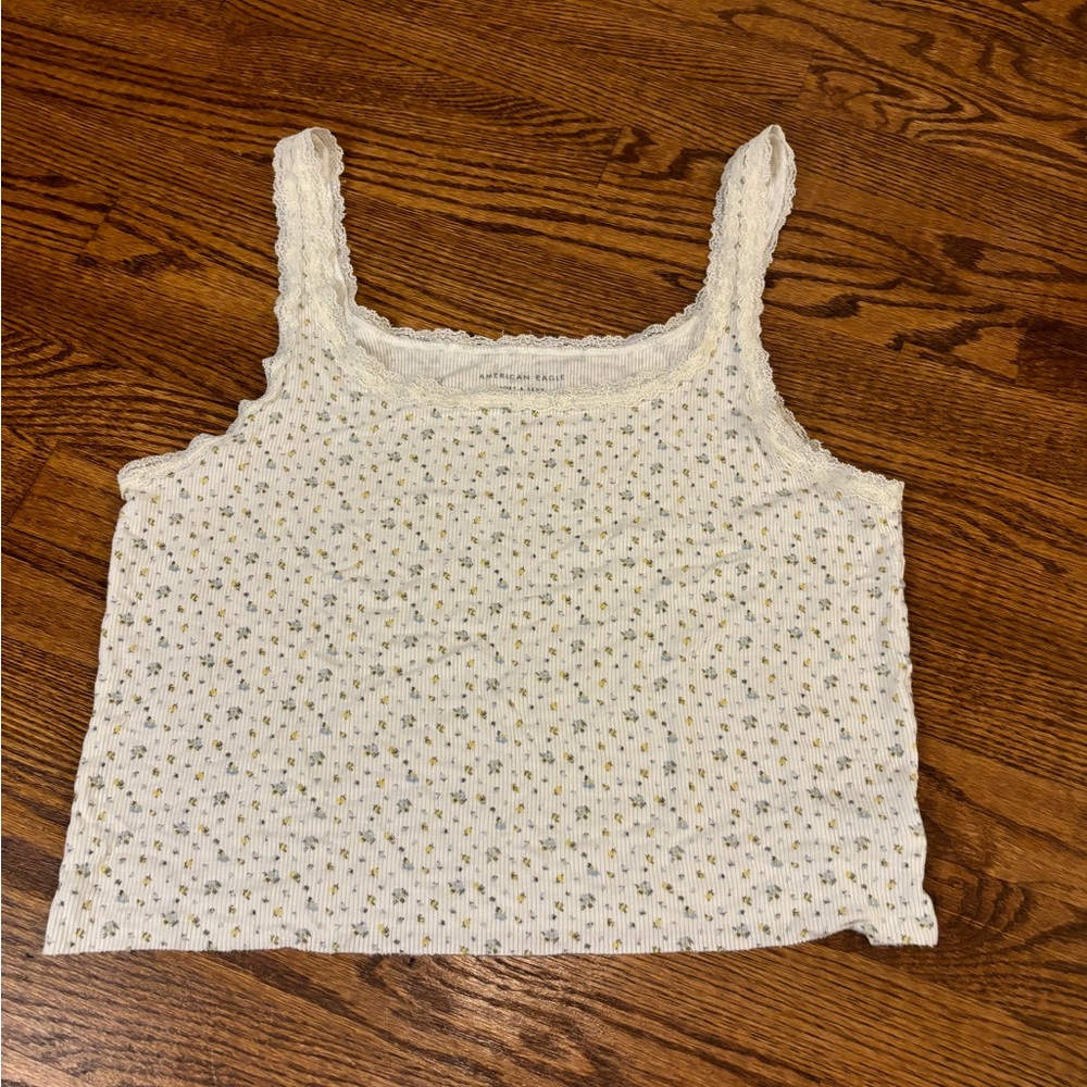 American Eagle Outfitters Cream Cropped Ribbed Tank Top